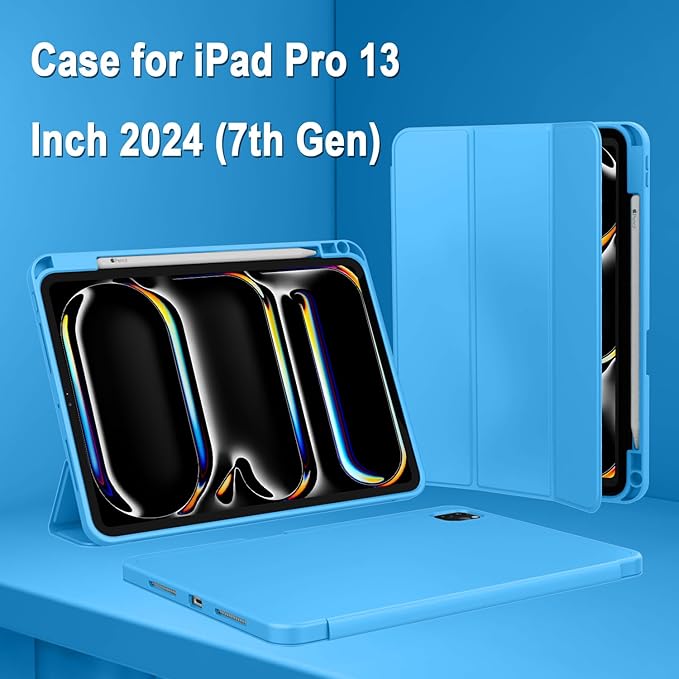 ZryXal New iPad Pro 13 Inch Case (M5) 2025 / (M4) 2024 with Pencil Holder Smart iPad Case [Support Pencil Pro and Pencil (USB-C)] Support Touch ID and Auto Wake/Sleep (New Ocean Blue)