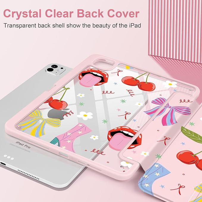 Case for iPad Pro 11 Inch (M5 2025 M4 2024) – [Built-in Pencil Holder] Shockproof &amp Stylish Clear Hard Back + Soft TPU Edge Magnetic Trifold Stand Auto Wake/Sleep Cherry &amp Lip