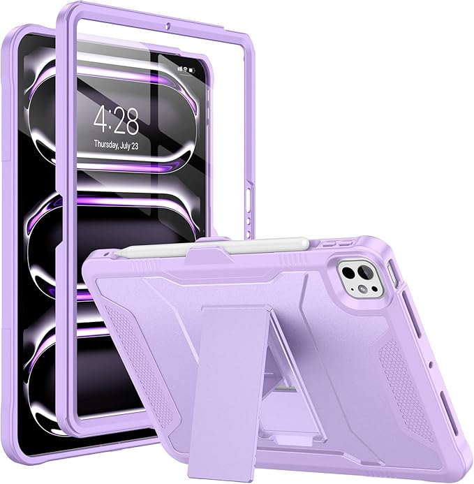 Soke Case for iPad Pro 11 Inch (M5) 2025/ (M4) 2024 with Built-in Screen Protector &amp Kickstand Rugged Full Body Heavy Duty Protective Cover with Pencil Holder - Violet