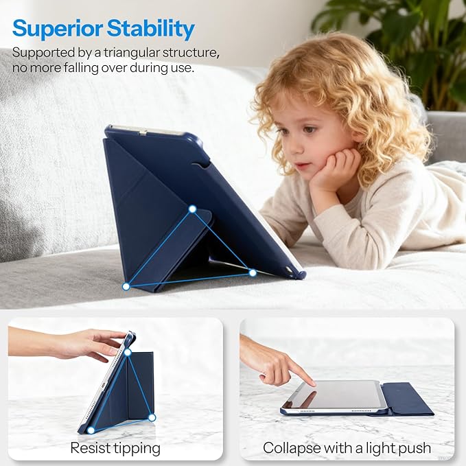 SPARIN Magnetic Case for iPad A16 11th/10th Gen (2025/2022) Origami Stand Cover with Auto Sleep/Wake Multi-Angle Viewing Hidden Pencil Holder Ultra Slim Lightweight &amp Stable on Sofa/Bed-Navy B