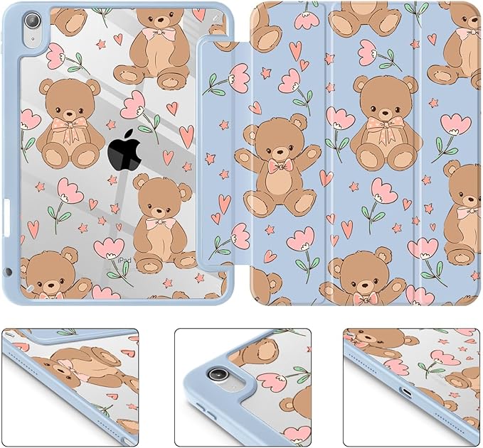 May Chen Case for iPad Air 13 Inch M4 2026 M3 2025 M2 2024 [Built-in Pencil Holder] Shockproof Cover with Clear Transparent Back Shell Auto Sleep/Wake Cover Cute Teddy Bear