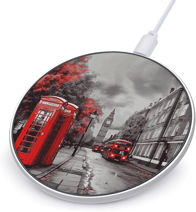 Red London Street Wireless Charger Fast Wireless Charging Pad with USB Cable 10W Anti-Slip Magnetic Wireless Charger Portable Slim Charger Puck Travel Charging Station