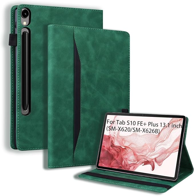 Flip Case for Samsung Galaxy Tab S10 FE+ Plus 2025 13.1 inch PU Leather Stand Soft Back Smart Auto Wake/Sleep CoverAdjustable Stand Shell w/Card Slots/Pen Holder/Front Pocket - Green