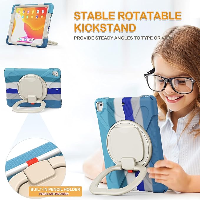 BRAECN Case for 9.7 Inch iPad 6th/5th Generation/iPad Pro 9.7 Inch/iPad Air 2 Full-Body Rugged Case w/Pencil Holder/Swivel Stand/Hand Grip/Adjustable Shoulder Strap for Boys &ampGirls-Colorful Blue