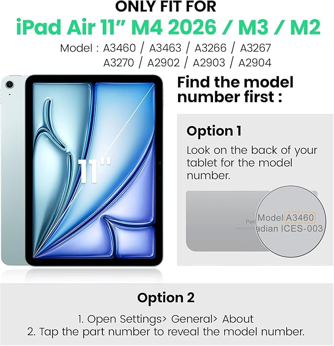 Junfire Protective Case for iPad Air 11-inch M4/M3/M2 (2026/2025/2024) Shockproof Rugged iPad Air 11 Case with 360°Rotating Kickstand/Hand Strap/Shoulder Strap/Stylus Holder-Black