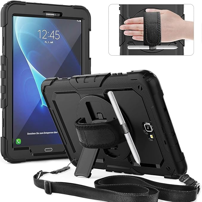 SZKMG Case for Samsung Galaxy Tab A 10.1 Black Cover SM-T580 T585 T587 2016 Release Tablet Shockproof Protective Case with Screen Protector Rotating Kickstand &amp Hand Strap A6 2018 10.1-inch