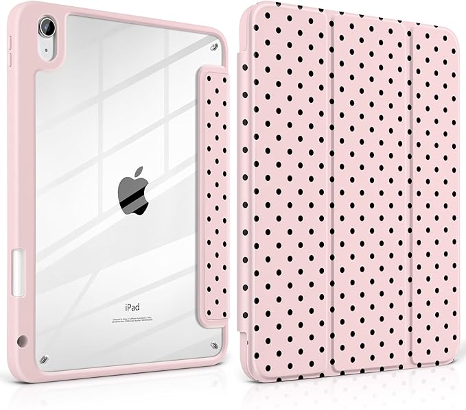Case for iPad A16 11th Generation 11 inch 2025 iPad 10th Generation 10.9 inch 2022 -[Built-in Pencil Holder] Shockproof Clear Hard Back Trifold Stand Auto Wake/Sleep Pink Polka dot