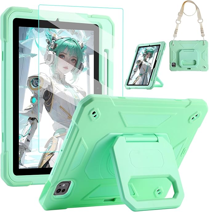 KCJ for iPad Pro 11 Case (M4) 2024with Tempered Glass Screen ProtectorCute Protective Case with Folding Stand/Pencil Holder/Shoulder Strap for iPad Pro 11 2024 (5th Generation) (Mint Green)