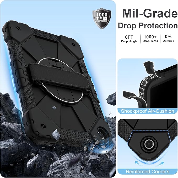 for Samsung Galaxy Tab A11 Plus/A11+ Case 2025 11 Inch Galaxy Tab A9+ Case 2023 Rugged Samsung A11+ Tablet Cover with 360 Rotating Stand Hand Strap Shoulder Strap Screen Protector Black