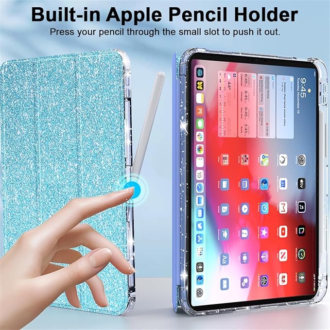 Case for iPad (A16) 11th Generation 11 inch 2025 &amp iPad 10th Generation 10.9 inch 2022 with Stand/Pencil Holder [Auto Wake/Sleep] Glitter Bling PU Leather &amp Clear Soft TPU Back Shell Blue