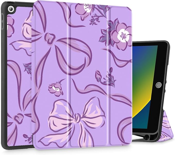 Mektron Designed Printed iPad 10.2 Case 9th Gen (2021)/ 8th Gen (2020)/ 7th Gen (2019) with Pencil Holder Slim Protective Case with Soft TPU Back for iPad 10.2 inch Flowers-Bows-Purple