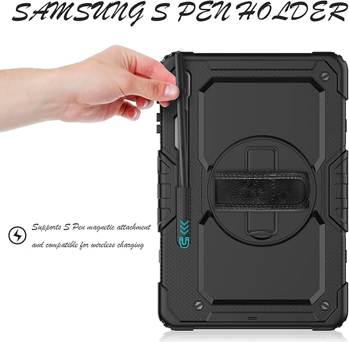 Case for Samsung Galaxy Tab S8 Plus 2022/S7 FE/S7 Plus 5G 12.4-inch Tablet Case Protective [with Screen Protector] Rotatable Kickstand S Pen Holder Hand/Shoulder Strap (Black)