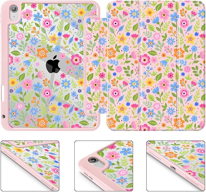 May Chen Case for iPad Air 13 Inch M4 2026 M3 2025 M2 2024 [Built-in Pencil Holder] Shockproof Cover with Clear Transparent Back Shell Auto Sleep/Wake Cover Small Flowers