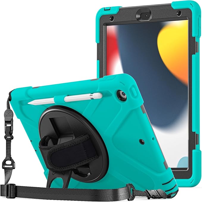 ProCase Rugged Case for iPad 9th/ 8th/ 7th Generation 10.2 (2021/2020/2019) Heavy Duty Shockproof Protective Cover with Strap for iPad 9/8/7 -Teal