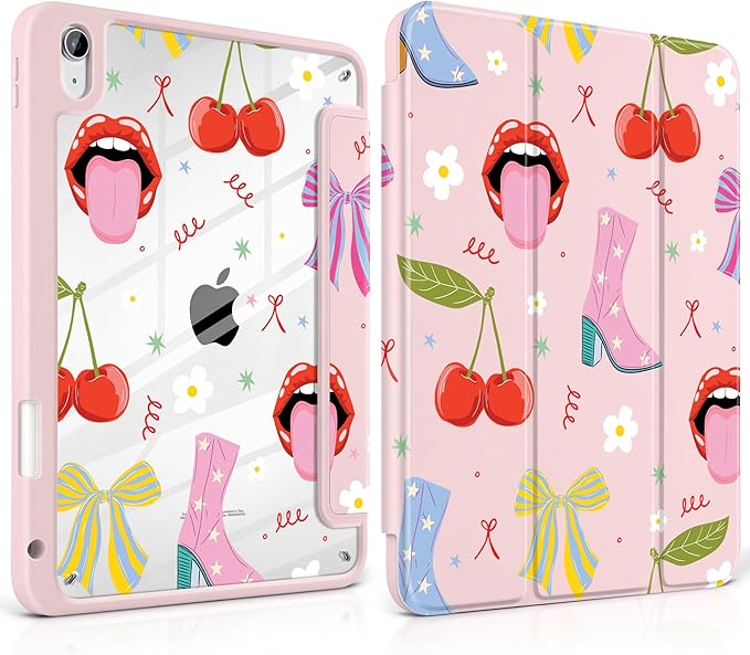 Case for iPad A16 11th Generation 11 inch 2025 iPad 10th Generation 10.9 inch 2022 -[Built-in Pencil Holder] Shockproof Clear Hard Back Trifold Stand Auto Wake/Sleep Cherry &amp Lip