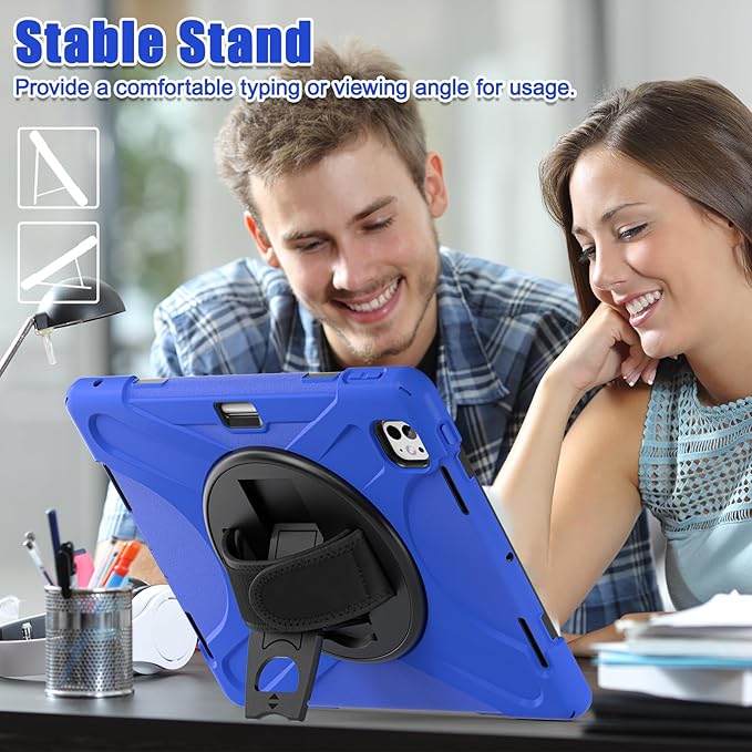 TSQQST Case for iPad Pro 13 Inch M5 2025 / M4 2024 with Screen Protector Heavy Duty Rugged Protective Case with Pencil Holder+Stand+Hand Strap Drop Proof Cover for iPad Pro 13 Blue