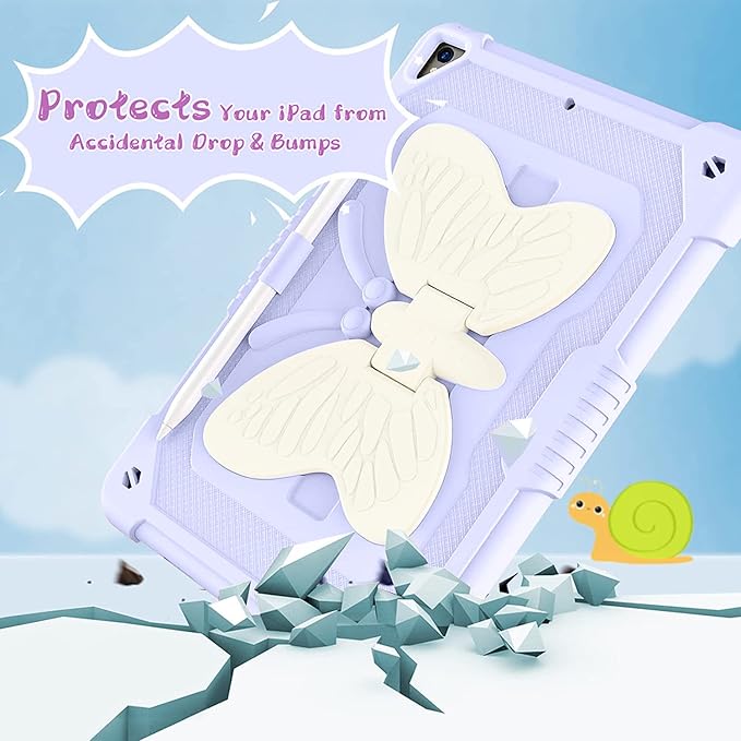 Ambison Case for iPad 9th/8th/7th Generation 10.2 inch with Glass Screen ProtectorRugged Shockproof Protective Cover for Kids Girls Butterfly StandShoulder Strap for iPad 2021/2020/2019-Purple