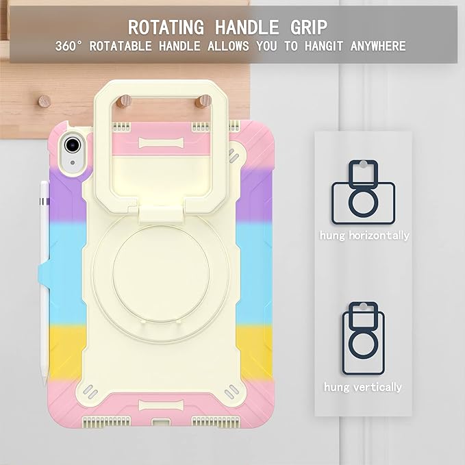 Dteck Kids Case for iPad A16/10th Generation 2025/2022 Heavy Duty Hybrid Shockproof 360°Swivel Kickstand Anti Scratch Durable Protective Case with Pencil Holder Shoulder StrapPink/Colorful