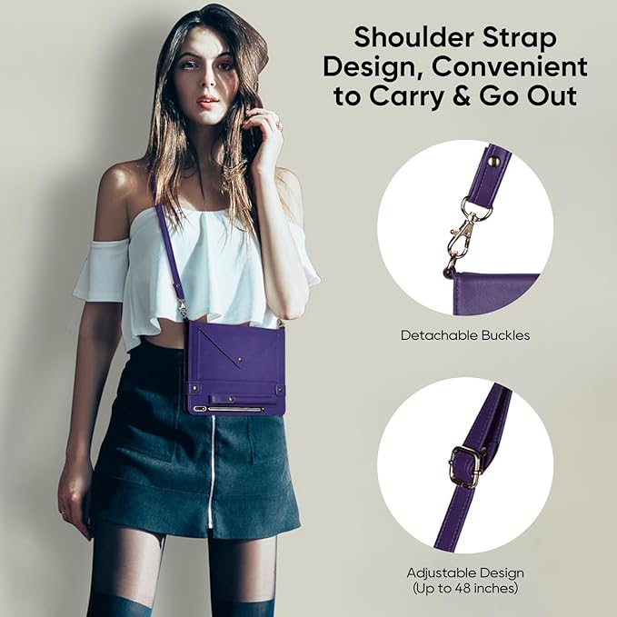 Tablet Carrying Shoulder Bag Case for Samsung Galaxy Tab S8+ Plus/S7+ Plus/ S7 FE 12.4 Retro PU Leather Hand Strap Crossbody Shoulder Strap Cards Holder Pocket S Pen Holder Stand CoverPurple
