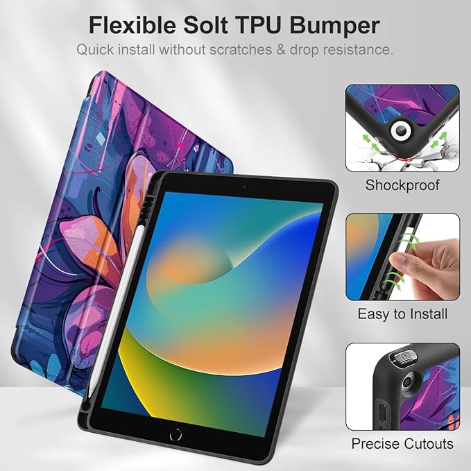 Mektron Designed Printed iPad 10.2 Case 9th Gen (2021)/ 8th Gen (2020)/ 7th Gen (2019) with Pencil Holder Slim Stand Protective Case with Soft TPU Back for iPad 10.2 Inch Graffiti Flower