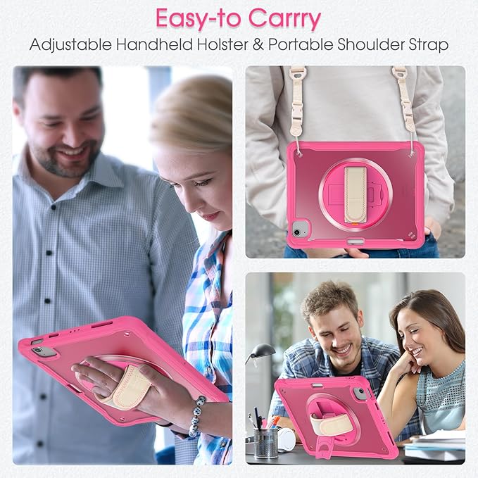 BRAECNstock Case for iPad Air 11-inch M4 2026/ M3 2025/ M2 2024 and Air 5th/4th Gen 10.9‘’ &amp Pro 11-inch 1st-4th 2018-2022 Kids Cover with Pencil HolderScreen ProtectorHandle Stand-Rose Red