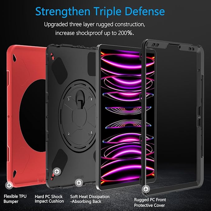Miesherk Case for iPad Pro 12.9 Inch 6th/5th/4th Generation Military Grade Heavy Duty Shockproof iPad Pro 12.9 Case - Rotating Stand Pencil Holder Hand/Shoulder Strap Red