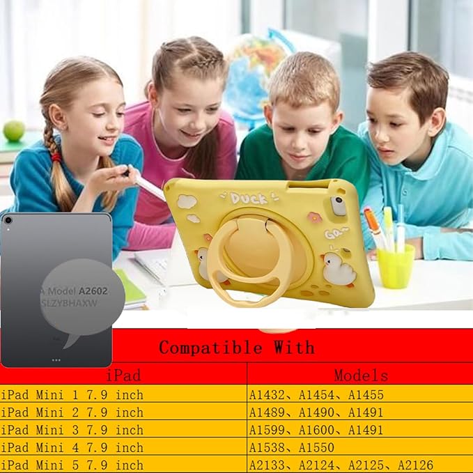3D Cute Press Duck Case for iPad mini 1st 2nd 3rd 4th 5th Gen 7.9 inchKawaii Cartoon Character Duck Soft Silicone Rotating Stand Case with Lanyard for Kids Teens Girls Women