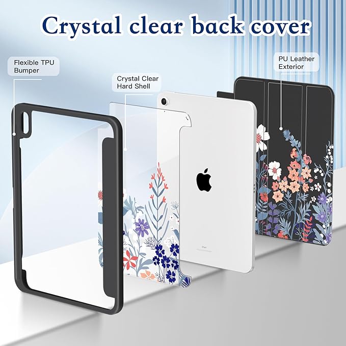 CISSOOK Case for iPad (A16) 11th Generation 11 Inch 2025/iPad 10th Generation 10.9 Inch 2022 Slim Lightweight Stand Cover with Hard Transparent Back Shell with Auto Wake/Sleep Wild Flower