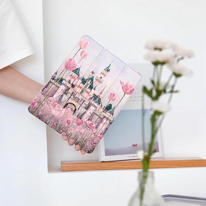 Cute Flower Castle for iPad Air 3 Case with Pencil Holder Auto Sleep/Wake Pink Leather Soft TPU Back Cover for iPad Pro 10.5 Inch 2017