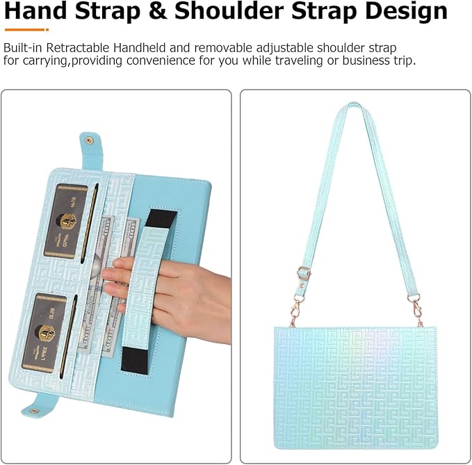 Dteck iPad 10th Generation Case 10.9 2022 - Luxury Sparkle PU Leather Kickstand With Pencil Holder Shoulder Hand Strap Card Slots Shockproof Protective Magnetic Pockets Wallet Lightblue