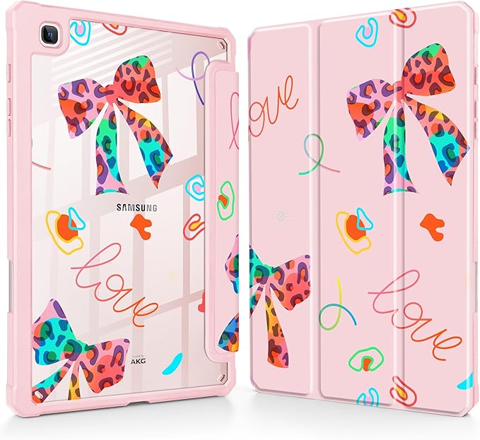 Mektron Case for Samsung Galaxy Tab S6 Lite 10.4 Inch 2024/2022/2020 with S Pen Holder Multi-Angle Viewing with Shockproof Cover Clear Shell + Trifold Stand + Auto Wake/Sleep Neon Bows-Pink