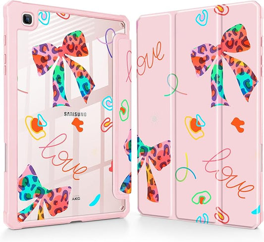 Mektron Case for Samsung Galaxy Tab S6 Lite 10.4 Inch 2024/2022/2020 with S Pen Holder Multi-Angle Viewing with Shockproof Cover Clear Shell + Trifold Stand + Auto Wake/Sleep Neon Bows-Pink