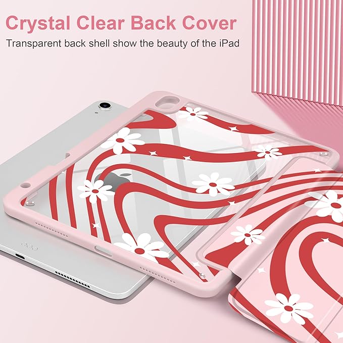 DONGKE Case for iPad Air 11-inch M4 2026 &amp M3 2025 &amp M2 2024 iPad Air 5th/4th Generation 10.9 2022/2020 [Built-in Pencil Holder] Clear Acrylic Back Trifold Stand Smart Cover Swirl &amp Da