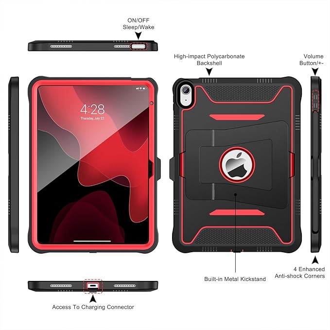Soke Case for iPad (A16) 11th Generation 11-Inch 2025 /10th Generation 10.9-Inch 2022 with Screen Protector and Multi-Angle Kickstand Rugged Full Body Heavy Duty Protective Cover - Black Red