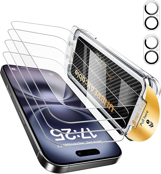 UNBREAKcable for iPhone 16 Plus Screen Protector 4+2 Pack [9H+ Military-Grade Shatterproof] [Effortless Bubble-Free Installation] Ultra HD Clarity Tempered Glass with Lens Protector Case friendly