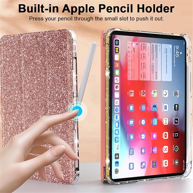 Case for iPad A16 11th Generation 11 inch 2025 &amp iPad 10th Generation 10.9 inch 2022 with Stand/Pencil Holder [Auto Wake/Sleep] Glitter Bling PU Leather &amp Clear Soft TPU Back Shell Rosegold