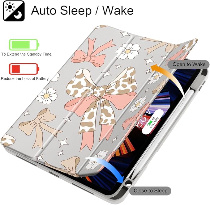Tuiklol Case for iPad Pro 12.9 Inch M2 Case 2022 2021 2020 2018 Generation 6th/5th/4th/3rdBuilt-in Pencil Holder Clear Transparent Protective Back Shell Cover Leopard Bow Pink