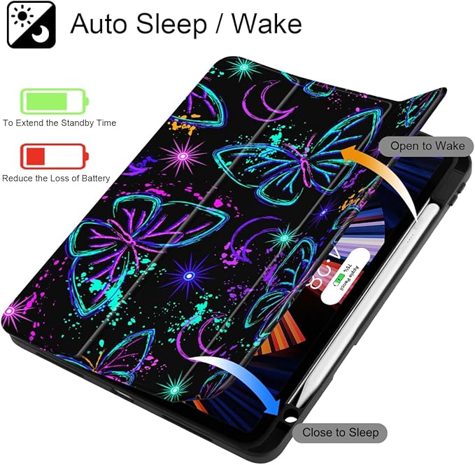Mektron Case for iPad Pro 11 inch (4th 3rd 2nd &amp 1st Gen) 2022 2021 2020 2018 Buit in Pencil Holder with Shockproof Cover Clear Shell + Trifold Stand + Auto Wake/Sleep Fantasy Butterfly