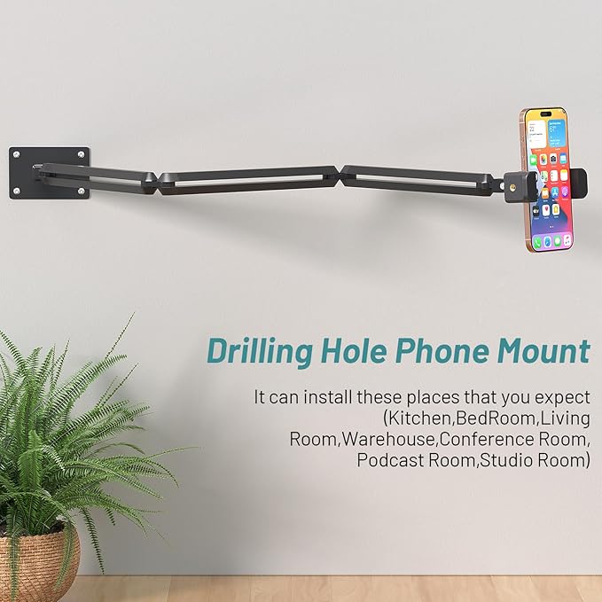 Wall Mount Phone HolderPhone Holder for Desk Bed3-Stage Aluminium iPhone StandFoldable Extendable Arms Heavy Duty Drilling BaseCompatible with 3.5~7.5 iPhone/HTC/LG/Huawei/Galaxy/Smartphones