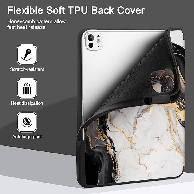 DONGKE Case for iPad Pro 13 inch (M5 2025 / M4 2024) – [Built-in Pencil Holder] Ultra Slim PU Leather Trifold Stand Cover with Soft TPU Back Auto Wake/Sleep - Golden Marble