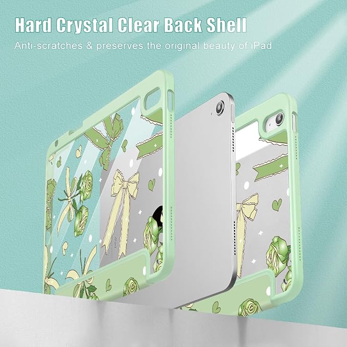 Tuiklol Case for iPad 11 inch (A16 Chip) 2025 Gen 11th / iPad 10.9 inch 2022 10th Gen Buit in Pencil Holder with Shockproof Cover Clear Transparent Back Shell Auto Wake/SleepBow &amp Rose Green