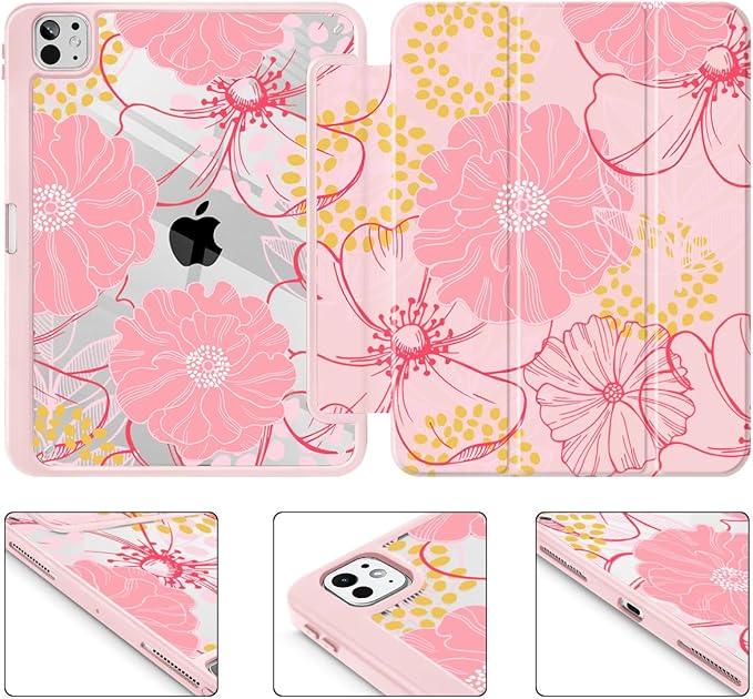 May Chen Case for iPad Pro 11-Inch M5/M4 2025/2024 (6th/5th Generation) Clear Transparent Print Back Shell Slim Stand Shockproof Tablet Cover Auto Wake/Sleep Pink Flowers