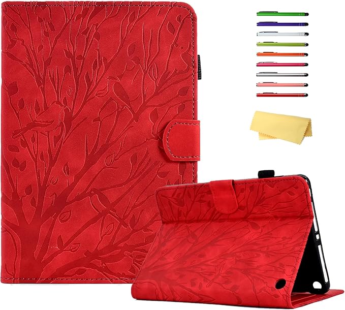 for Amazon Kindle Fire HD 8 &amp Fire HD 8 Plus Case (12th/10th Generation 2024/2022/2020) 8 UUcovers Embossed Magneic Smart Cover with Stand/Pencil Holder [Auto Sleep/Wake] Red Lucky Tree