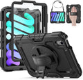 HXCASEAC Case for iPad mini 7 (A17 Pro) / iPad mini 6 Case 8.3 inch Full Body Protective with Carrying Strap Hand Strap Protector Pencil Holder 360 Rotating Stand A2995 A2993 A2567 A2568 Black