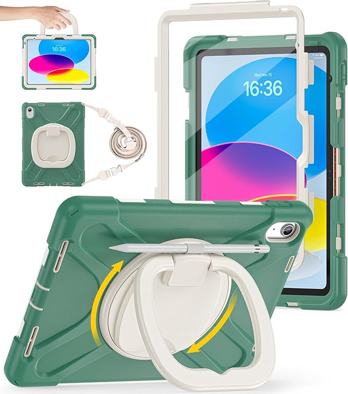 BATYUE Case for iPad (A16) 11th/10th Gen 11''/10.9'' 2025/2022 - Heavy Duty Shockproof Cover with 360° Rotating &amp 180° Folding Stand Screen Protector Shoulder Strap &amp Pencil Holder | Emerald