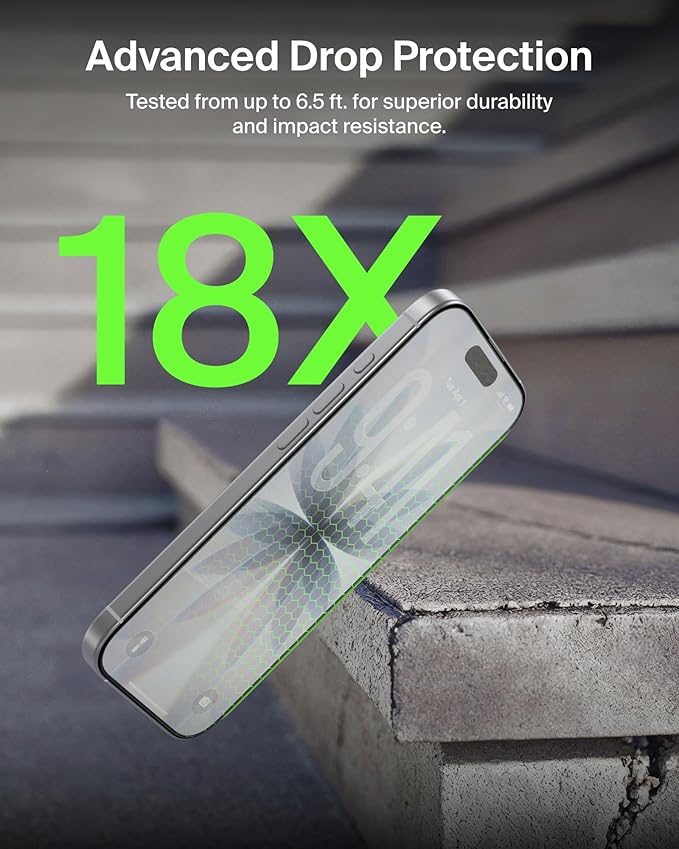 Belkin ScreenForce InvisiGlass Privacy Screen Protector for iPhone 17/16 Pro Scratch-Resistant Impact Protection w/Included Easy Align Tray for Bubble Free Application - Made with Recycled Glass