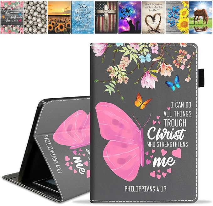 Case for Amazon Fire HD 10 &amp 10 Plus Tablet (13th/11th Gen 2023/2021 Release) 10.1 Premium PU Leather Stand Cover with Smart Auto Wake Floral Butterfly Quote Bible Verse Philippians 4:13