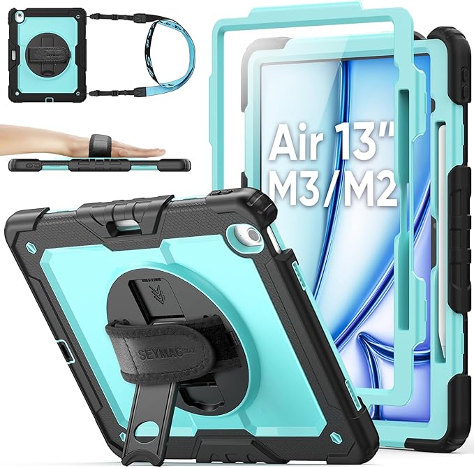 SEYMAC stock Case for iPad Air 13-inch M4-M2 2026-2024 (Gen 8-6) Shockproof Heavy Duty Case with Screen Protector Pencil Holder Rotating Stand Hand Strap Shoulder Strap SkyBlue