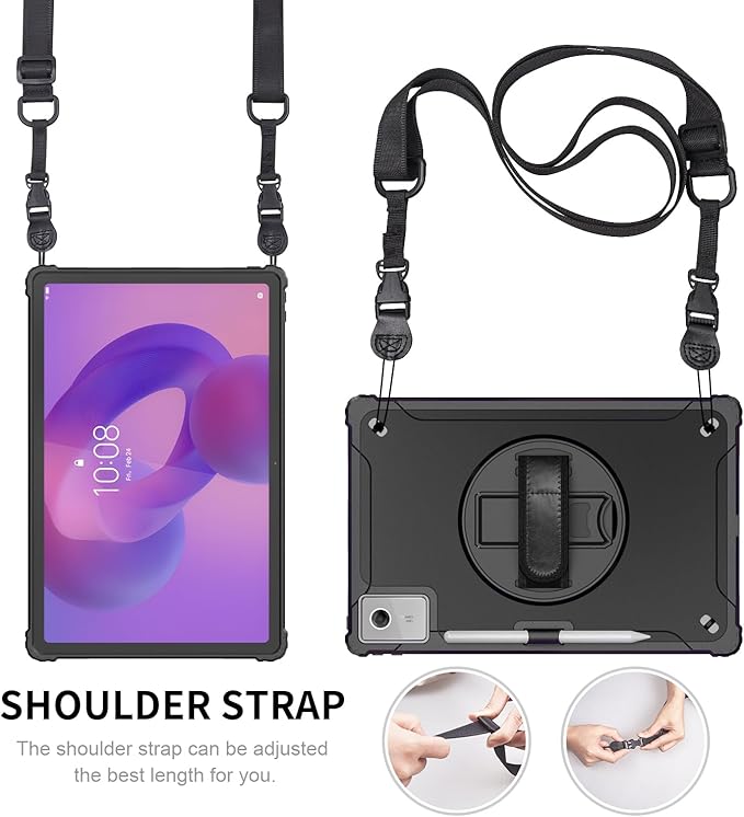 Junfire Protective Case for Lenovo Idea Tab Plus 12.1 inch 2025/Tab K12 Shockproof Hard Shell Idea Tab Plus Case with 360°Rotating Kickstand/Hand Strap/Shoulder Strap/Stylus Holder-Black