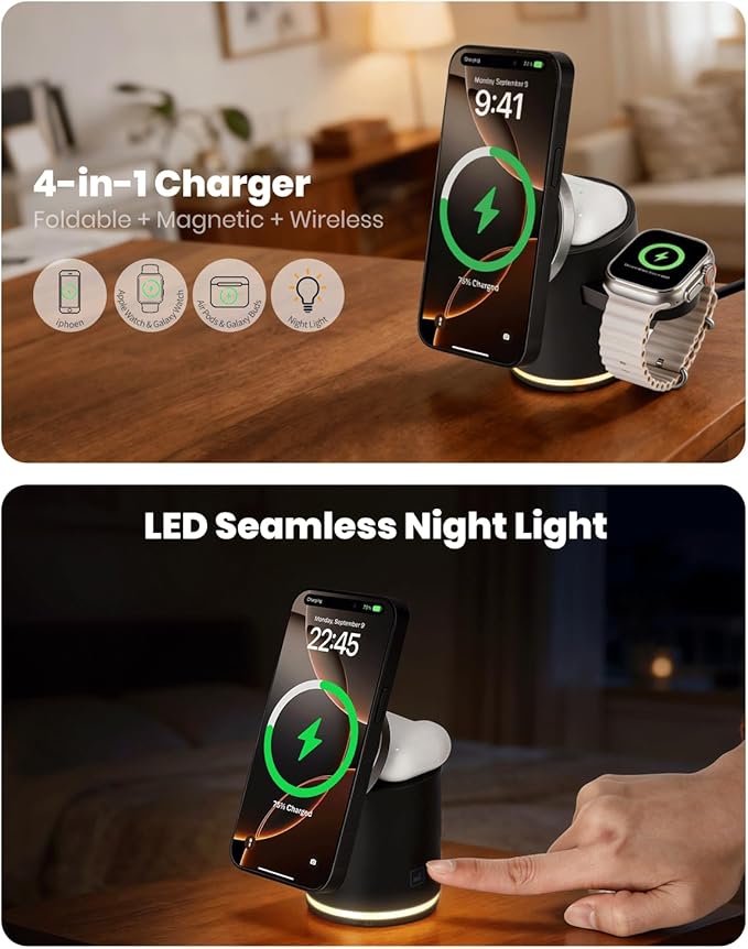 C16 4-in-1 Foldable Magnetic Wireless Charger Qi2 Certified 23W Fast Charging Station with Warm White LED Night Light Portable Travel Charger for Apple &amp Samsung Devices
